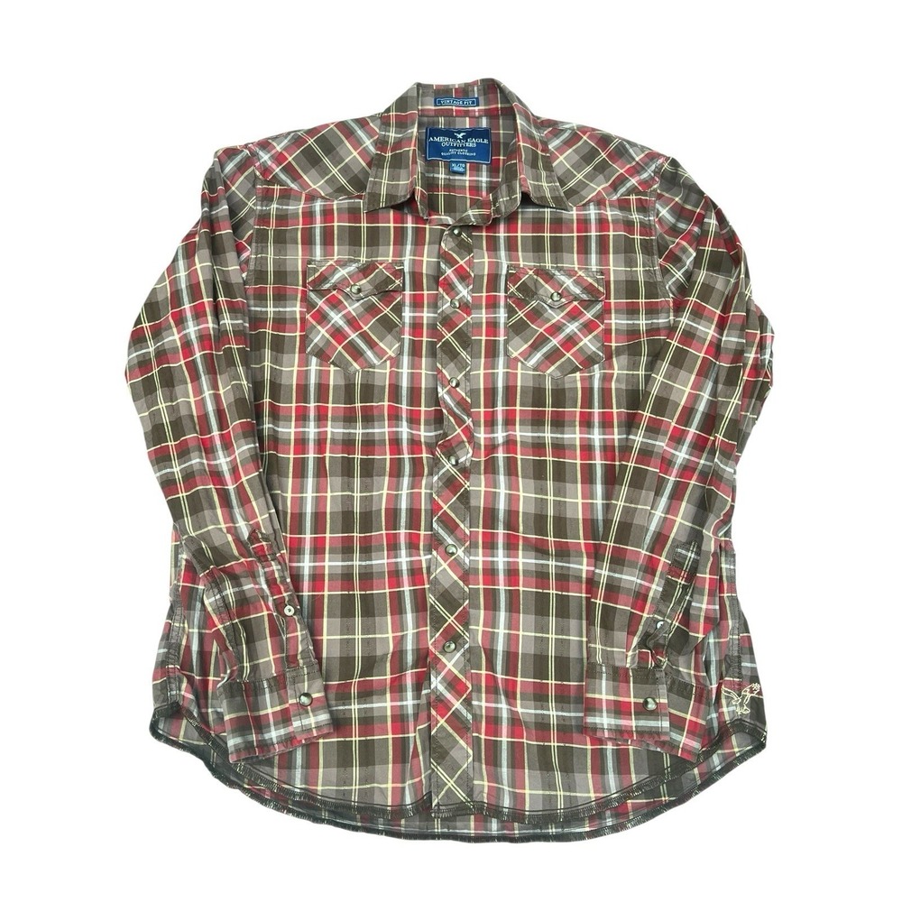 American Eagle Outfitters Men XL Plaid Long Sleeve Pearl Snap Western Shirt Fall